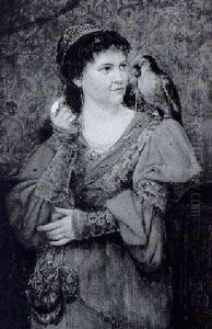 Dame In Rotem Kleid Mit Papagei Auf Der Schulter by Karl (von den Rabenau) Engel