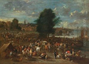 A Market Scene Along A River With Figures Selling Their Wares by Peter van Engelen