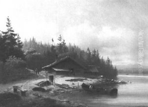 Uferpartie Mit Holzhutte Und Anlegendem Fischerboot