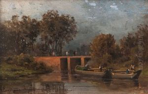 River Landscape With Promenaders On A Bridge