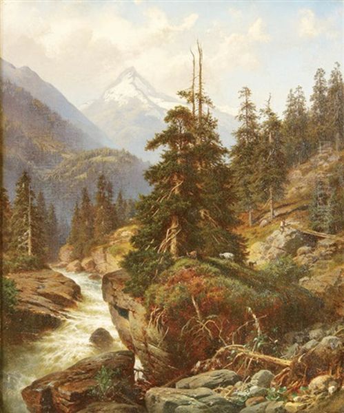 Alpine Stream With Goat Herder And Goats - view 1