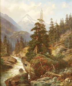 Alpine Stream With Goat Herder And Goats