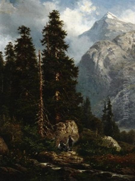 Hochgebirgslandschaft Mit Jagern Bei Der Rast - view 1