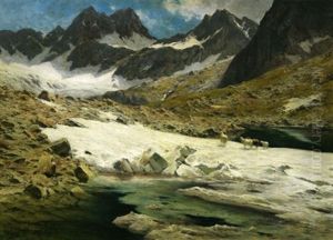 Im Hochgebirge. Schafe Auf Den Letzten Schneefeldern Vor Einem Gletschersee