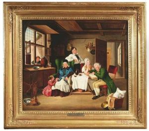 Stubeninterieur. Eine Familie Hat Sich Um Einen Tisch Gruppiert
