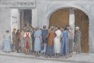 Gedrange Vor Dem Geschaft Thomas Prewein by Josef Engelhart