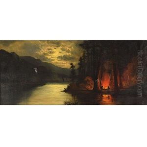 Mountain Night View With Men And Fire by John Englehart