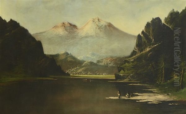 Panoramic Western River Valley Landscape With Indians - view 1