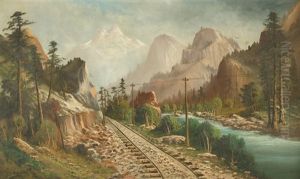 Landscape With River Valley And Train Tracks In The Foreground And Mountains Beyond by John Englehart