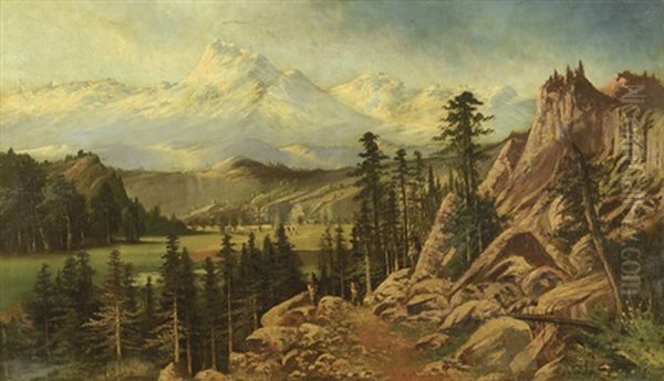 A Mountain Landscape With Three Native Americans On A Hillside Watching A Pioneer Wagon Train In The Valley Below With A Mountain Range In The Distance - view 1