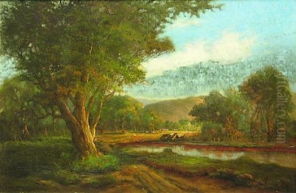 Landscape With Cows Watering At A Lake - view 1