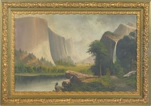 Yosemite, California Landscape With Man Fishing Off A Rock, Indian Walking Up Foot Path