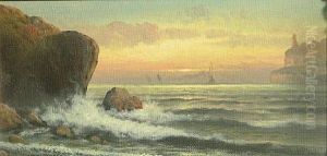 A Coastal View With A Lighthouse In The Distance by John Englehart