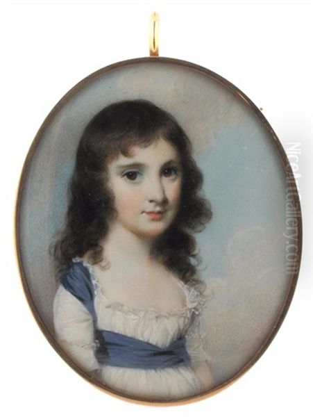 Portrait Miniature Of A Girl, Half Length, Wearing A Blue Sash - view 1