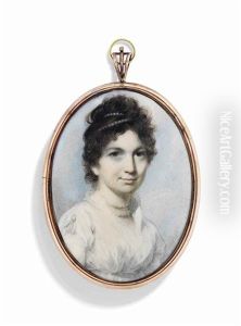A Young Lady, In White Dress, Pearl Necklace And Pearls In Her Hair by George Engleheart