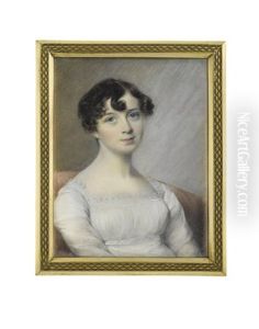 A Lady, Seated On A Red Upholstered Chair