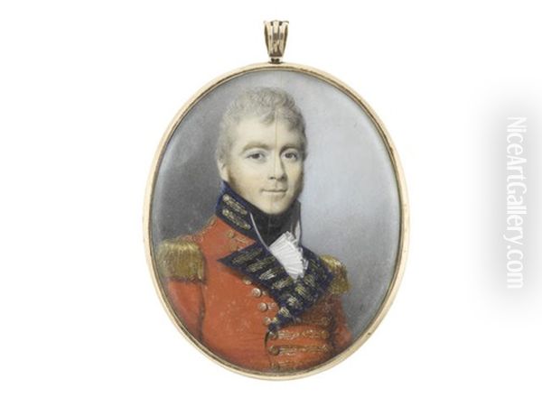 An Officer, Wearing Scarlet Double-breasted Coat With Blue Facings And Standing Collar, Gold Lace, Buttons And Epaulettes, White Frilled Chemise And Black Stock (cracked) - view 1