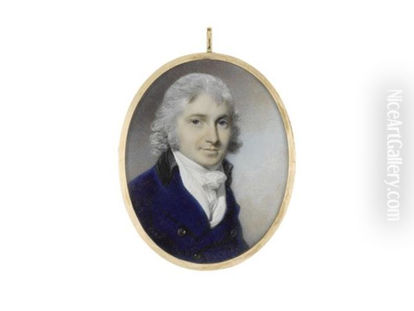 A Gentleman, Wearing Blue Coat With Black Collar, White Waistcoat, Chemise, Stock And Tied Cravat, His Hair Powdered - view 1