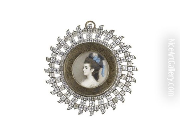 A Lady, In Profile To The Left And Wearing Yellow Dress Over White Lace Chemise, Her Natural Wig Upswept Beneath A Black Bonnet Finished With Blue Ribbon And Black And White Plumes - view 1