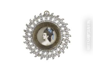 A Lady, In Profile To The Left And Wearing Yellow Dress Over White Lace Chemise, Her Natural Wig Upswept Beneath A Black Bonnet Finished With Blue Ribbon And Black And White Plumes