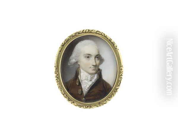 A Gentleman, Wearing Brown Coat, Yellow Waistcoat, White Frilled Chemise, Stock And Tied Cravat, His Powdered Wig Worn En Queue - view 1