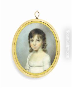 A Girl, In White Dress, Long Dark Curling Hair; Sky Background by George Engleheart