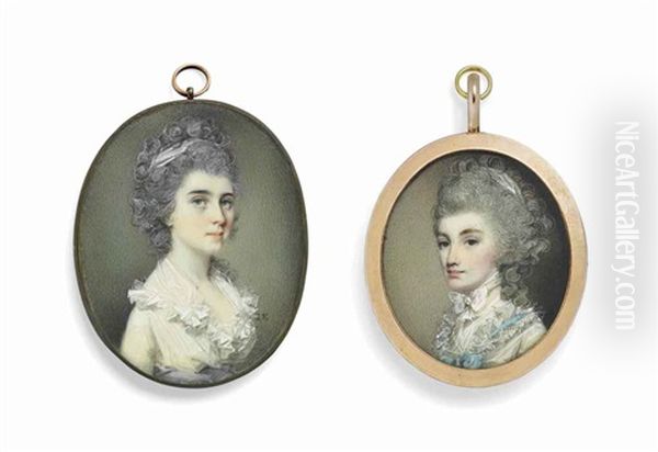 A Lady, In White Dress With Blue Ribbon And Gauze Fichu, A Gauze Ribbon Tied In A Bow Around Her Neck, Powdered Hair - view 1