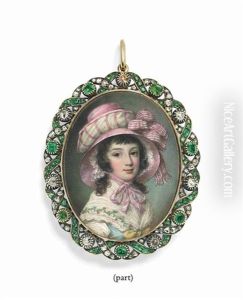 A Girl, In Blue Dress With Yellow Ribbon At Corsage And White, Embroidered Fichu, Wearing A Large Pink And White Hat by George Engleheart