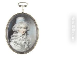 A Lady, Wearing White Dress With Tiered Frilled Collar And Bonnet Finished With Sky Blue Ribbon Tied Beneath Her Chin