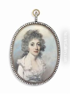 Mrs Catherine Greene, In White Dress With Frilled Collar And Blue Button, Powdered Curling Hair