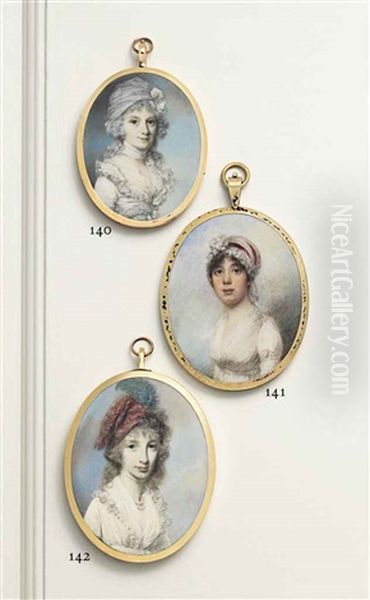 A Lady Of The Urquhart Family, In White Dress, White Fichu, Tartan Turban With Green Feather, Strings Of Pearls Around Neck, Loose Curling Brown Hair... - view 1