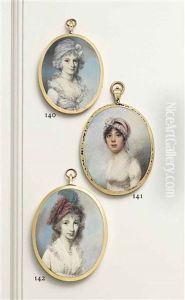 A Lady Of The Urquhart Family, In White Dress, White Fichu, Tartan Turban With Green Feather, Strings Of Pearls Around Neck, Loose Curling Brown Hair...