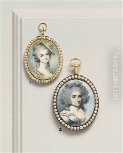 A Lady, In Decollete White Dress With Blue Bodice, Trimmed With Lace And Pearls, Her Curled Hair Held In A Blue Ribbon, Black Choker...