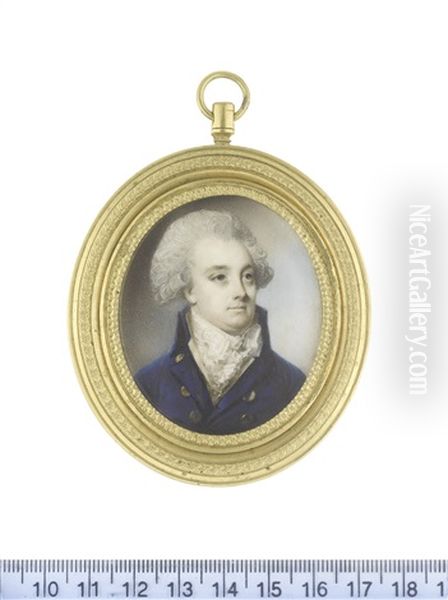 A Gentleman, Wearing Blue Double-breasted Coat, Cream Waistcoat, White Frilled Chemise, Stock And Tied Cravat, His Powdered Hair Worn En Queue - view 1