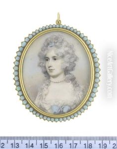 A Lady, Wearing Pearl Necklace And White Dress, A Turquoise Ribbon Bow To Her Corsage, Her Powdered Hair Dressed With A Matching Turquoise Bandeau by George Engleheart