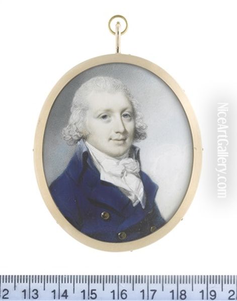 A Gentleman, Wearing Blue Coat With Brass Buttons, White Waistcoat, Chemise, Stock And Tied Cravat, His Hair Powdered - view 1