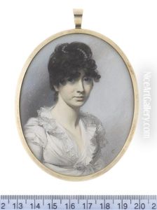 A Lady, Wearing White Dress With Frilled Neckline, Her Dark Hair Upswept And Dressed With A Strand Of Pearls