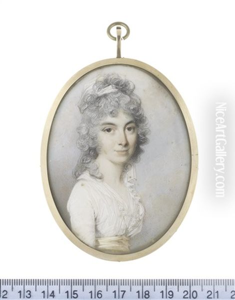 A Lady, Called Miss Topham, Wearing White Dress With Lace Trim To Her Decollete, Yellow Sash, Her Powdered Hair Curling, Partially Upswept And Dressed With A White Bandeau - view 1