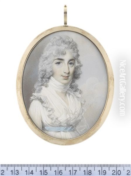 A Lady, Wearing White Dress With Frilled Trim, White Fichu And Neck Scarf, A Sky Blue Sash At Her Waist, Her Powdered Wig Worn A La Conseilleur - view 1