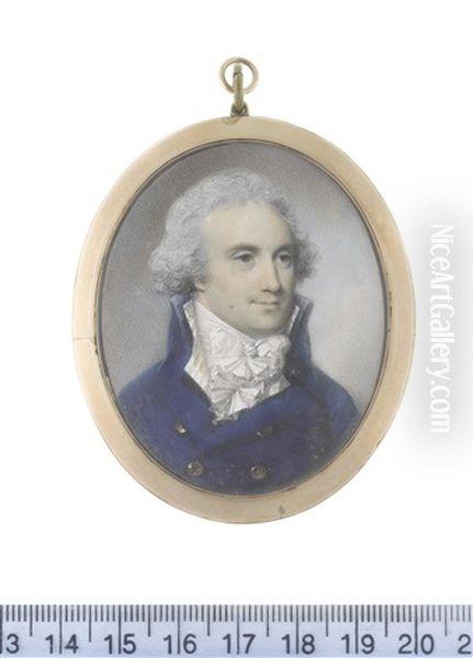 A Gentleman, Wearing Blue Double-breasted Frock Coat, Cream Striped Waistcoat, White Chemise, Stock And Knotted Cravat, His Hair Powdered - view 1