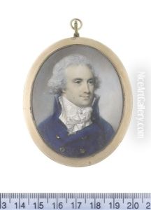 A Gentleman, Wearing Blue Double-breasted Frock Coat, Cream Striped Waistcoat, White Chemise, Stock And Knotted Cravat, His Hair Powdered thumbnail