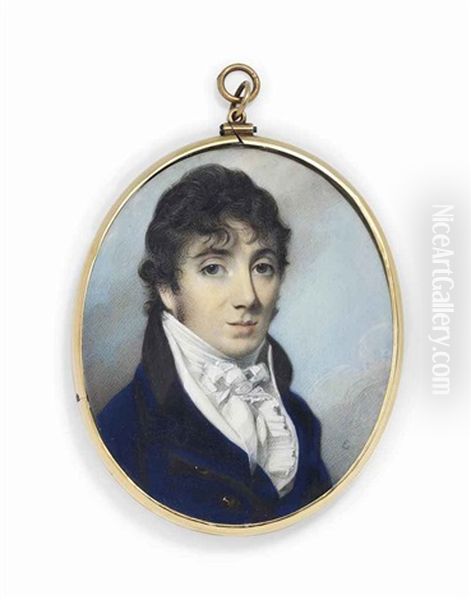 A Young Gentleman, In Blue Coat With Brass Buttons, White Stock, Frilled Cravat; Sky Background - view 1