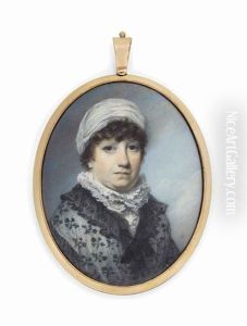 A Lady, In White Dress With Frilled Collar And Black Lace Shawl, Her Short Curling Hair In White Silk Turban; Sky Background