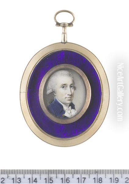 A Gentleman, Wearing Blue Coat, White Waistcoat, Frilled Chemise, Stock And Knotted Cravat, His Powdered Wig Worn En Queue And Tied With A Black Ribbon Bow - view 1