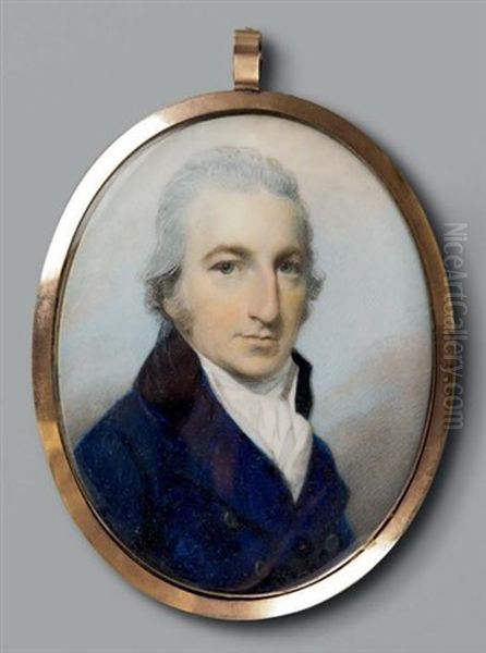 Portrait D'homme De Trois-quarts Droite, En Redingote Bleu Marine A Col Noir Et Cravate Blanche, Sur Fond De Ciel Nuage - view 1
