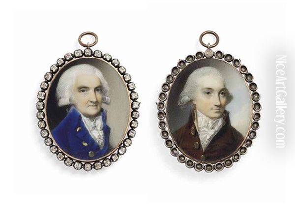 A Double-sided Portrait Miniature Of An Elderly Gentleman In Blue Coat With Brass Buttons, Powdered Hair, And A Young Gentleman In Brown Coat, Knotted Cravat, Powdered Hair - view 1