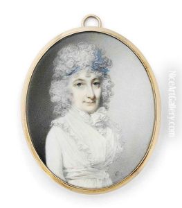 Lady Blunt, Nee Elizabeth Peers, In White Dress With Frilled White Fichu And Scarf Tied Around Her Neck, A Blue Ribbon In Her Powdered Curling Hair