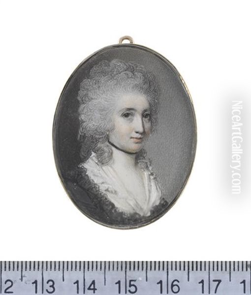 A Lady, Wearing Cream Dress With White Collar, Lace Trimmed Black Shawl And Ribbon Choker, Her Powdered Wig Held At The Back With A Ribbon Bow - view 1
