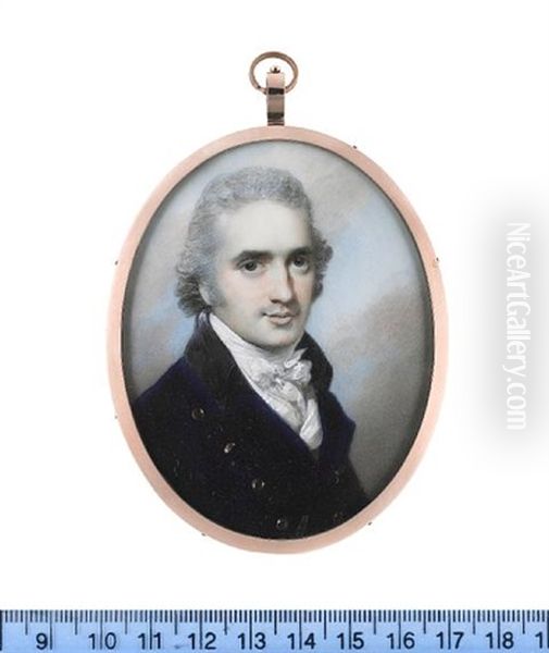A Gentleman, Wearing Blue Double-breasted Coat With Black Collar, White Waistcoat, Chemise, Stock And Cravat, His Hair Powdered - view 1
