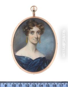 Lady Cavan, Wearing Blue Dress Trimmed With White Lace, Gold Pendent Earrings, Her Brown Hair Curled And Upswept